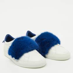 Givenchy White/Blue Leather and Mink Fur Urban Street Slip On Sneakers Size 37