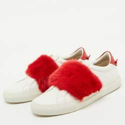 Givenchy White/Red Leather and Mink Fur Urban Street Slip On Sneakers Size 38