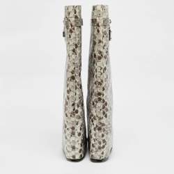 Givenchy Brown/Cream Python Embossed Leather Shark Tooth Knee Length Boots Size 39