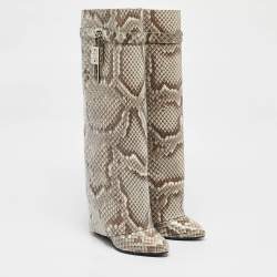 Givenchy Brown/Cream Python Embossed Leather Shark Tooth Knee Length Boots Size 39