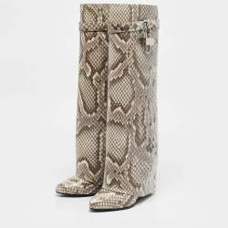 Givenchy Brown/Cream Python Embossed Leather Shark Tooth Knee Length Boots Size 39