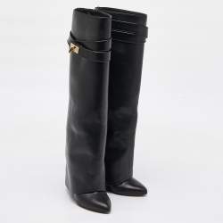 Givenchy Black Leather Shark Lock Fold Over Knee Length Boots Size 36