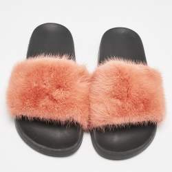 Givenchy Orange/Black Mink Fur and Rubber Pool Flat Slides Size 41