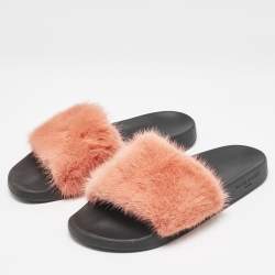 Givenchy Orange/Black Mink Fur and Rubber Pool Flat Slides Size 41