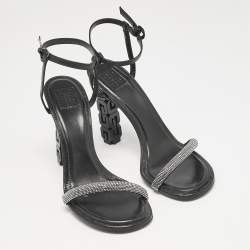 Givenchy Black Leather G Cube Crystal Embellished Heel Ankle Strap Sandals Size 41
