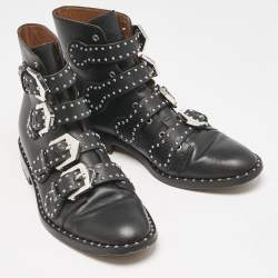 Givenchy Black Leather Studded Buckle Detail Ankle Boots Size 37