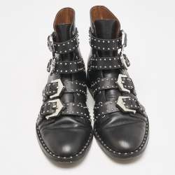 Givenchy Black Leather Studded Buckle Detail Ankle Boots Size 37