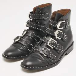 Givenchy Black Leather Studded Buckle Detail Ankle Boots Size 37