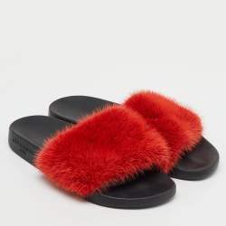 Givenchy Red Mink Fur Flat Slide Sandals Size 38