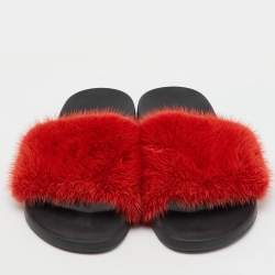 Givenchy Red Mink Fur Flat Slide Sandals Size 38