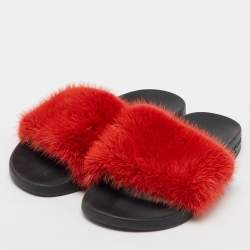 Givenchy Red Mink Fur Flat Slide Sandals Size 38