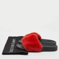 Givenchy Red Mink Fur Flat Slide Sandals Size 38