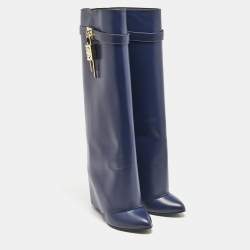 Givenchy Navy Blue Leather Shark Lock Knee Length Boots Size 39