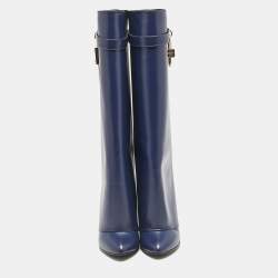 Givenchy Navy Blue Leather Shark Lock Knee Length Boots Size 39