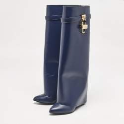 Givenchy Navy Blue Leather Shark Lock Knee Length Boots Size 39
