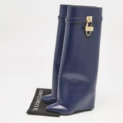 Givenchy Navy Blue Leather Shark Lock Knee Length Boots Size 39