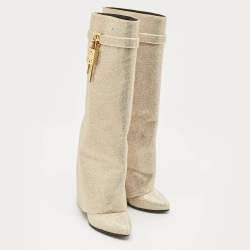 Givenchy Gold Satin Crystal Embellished Shark Lock Knee Length High Boots Size 39