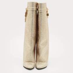 Givenchy Gold Satin Crystal Embellished Shark Lock Knee Length High Boots Size 39
