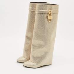 Givenchy Gold Satin Crystal Embellished Shark Lock Knee Length High Boots Size 39