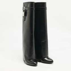 Givenchy Black Leather Shark Lock Wedge Knee High Boots Size 39