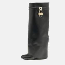 Givenchy Black Leather Shark Lock Wedge Knee High Boots Size 39