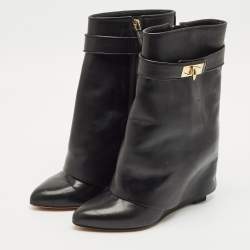 Givenchy Black Leather Shark Lock Wedge Ankle Length Boots Size 38