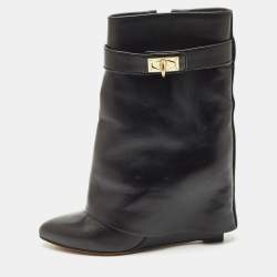 Givenchy Black Leather Shark Lock Wedge Ankle Length Boots Size 38