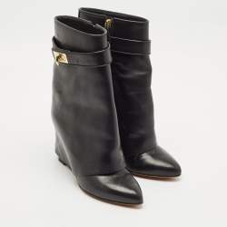 Givenchy Black Leather Shark Lock Wedge Ankle Length Boots Size 38