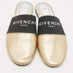 Pre Owned Givenchy Gold/Black Leather and Stretch Band Bedford Flat Mules Size 37
