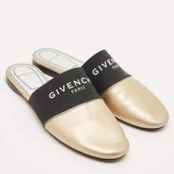 Pre Owned Givenchy Gold/Black Leather and Stretch Band Bedford Flat Mules Size 37