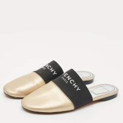Pre Owned Givenchy Gold/Black Leather and Stretch Band Bedford Flat Mules Size 37
