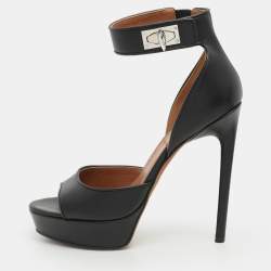 Givenchy Black Leather Shark Lock Ankle Strap Platform Sandals Size 38