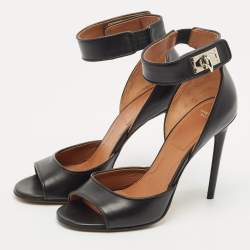 Pre Owned Givenchy Black Leather Shark Lock Ankle Strap Sandals Size 38