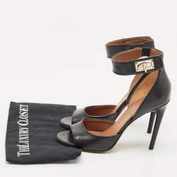 Pre Owned Givenchy Black Leather Shark Lock Ankle Strap Sandals Size 38
