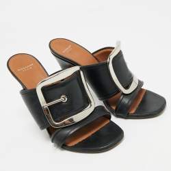 Pre Owned Givenchy Black Leather Buckle Detail Slide Sandals Size 36