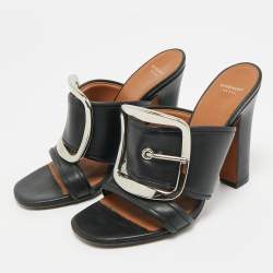 Pre Owned Givenchy Black Leather Buckle Detail Slide Sandals Size 36