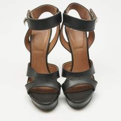 Pre Owned Givenchy Black Leather Shark Tooth Ankle Strap Sandals Size 38.5