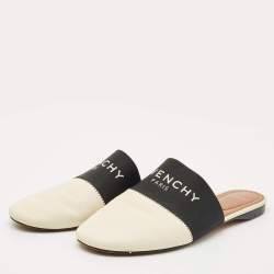 Pre Owned Givenchy Black/Cream Leather and Elastic Bedford Flat Mules Size 35