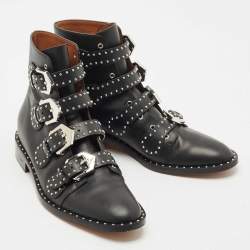 Pre Owned Givenchy Black Leather Studded Buckle Detail Ankle Boots Size 39