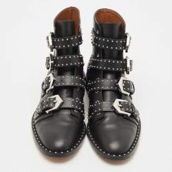 Pre Owned Givenchy Black Leather Studded Buckle Detail Ankle Boots Size 39