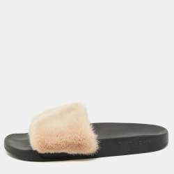 Pre Owned Givenchy Beige Mink Fur Flat Slides Size 39