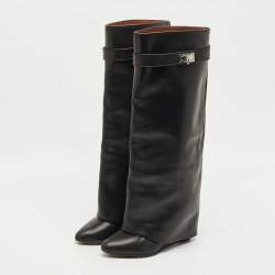 Pre Owned Givenchy Black Leather Shark Lock Wedge Knee High Boots Size 38