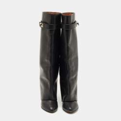 Pre Owned Givenchy Black Leather Shark Lock Wedge Knee High Boots Size 38