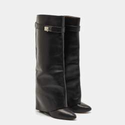 Pre Owned Givenchy Black Leather Shark Lock Wedge Knee High Boots Size 38