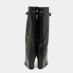 Pre Owned Givenchy Black Leather Shark Lock Wedge Knee High Boots Size 38
