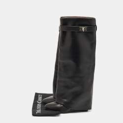 Pre Owned Givenchy Black Leather Shark Lock Wedge Knee High Boots Size 38