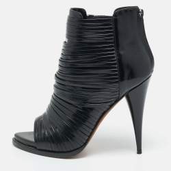 Pre Owned Givenchy Black Strappy Leather Peep Toe Ankle Boots Size 39