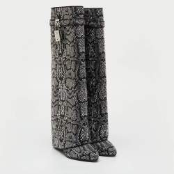 Pre Owned Givenchy Black Satin Snake Effect Crystal Embellished Shark Lock Knee Length Boots Size 38