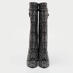 Pre Owned Givenchy Black Satin Snake Effect Crystal Embellished Shark Lock Knee Length Boots Size 38