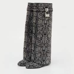 Pre Owned Givenchy Black Satin Snake Effect Crystal Embellished Shark Lock Knee Length Boots Size 38